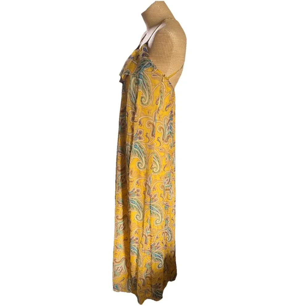 Y2K Tibi 100% Silk Maxi Dress Yellow Paisley Summer Flowy Ruffle Strappy Size 4